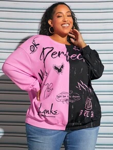 SHEIN CURVE+ Plus Letter & Figure Graphic Two Tone Drop Shoulder Pullover - Multicolor - View 4