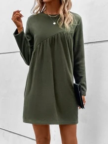 SHEIN LUNE Solid Round Neck Smock Dress - Green - View 4