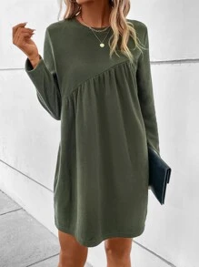SHEIN LUNE Solid Round Neck Smock Dress - Green - View 5