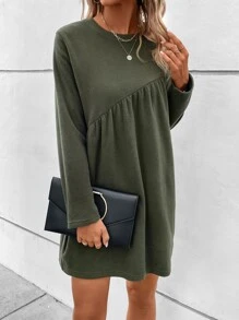 SHEIN LUNE Solid Round Neck Smock Dress - Green - View 6