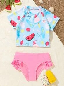 Conjunto de bikini con estampado de frutas y ribete de volantes para niña, verano playa - Multicolor - Ver 1