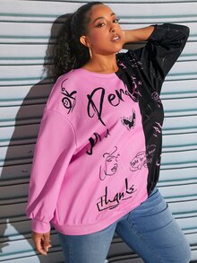 SHEIN CURVE+ Plus Letter & Figure Graphic Two Tone Drop Shoulder Pullover - Multicolor - View 5