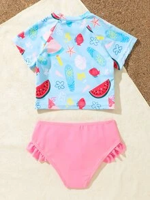 Conjunto de bikini con estampado de frutas y ribete de volantes para niña, verano playa - Multicolor - Ver 2