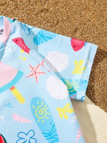 Conjunto de bikini con estampado de frutas y ribete de volantes para niña, verano playa - Multicolor - Ver 3