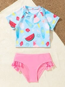 Conjunto de bikini con estampado de frutas y ribete de volantes para niña, verano playa - Multicolor - Ver 5