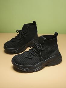 男孩防滑繫帶高幫一腳蹬襪型運動鞋運動戶外黑色織物運動鞋