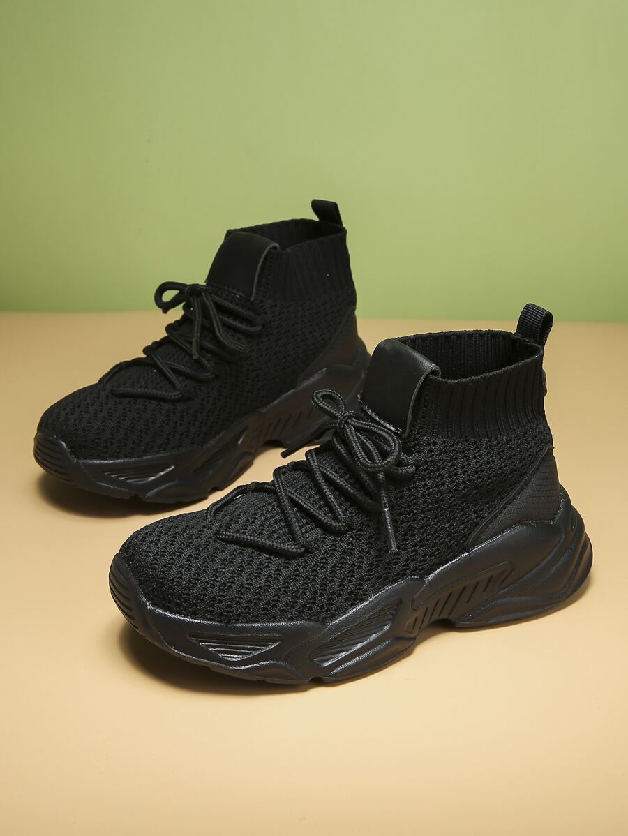 男孩防滑繫帶高幫一腳蹬襪型運動鞋運動戶外黑色織物運動鞋