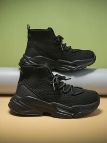 男孩防滑繫帶高幫一腳蹬襪型運動鞋運動戶外黑色織物運動鞋