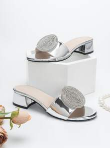 Metallic Rhinestone Decor Chunky Heeled Mule Sandals - Silver - View 1
