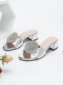 Metallic Rhinestone Decor Chunky Heeled Mule Sandals - Silver - View 2