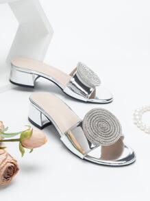 Metallic Rhinestone Decor Chunky Heeled Mule Sandals - Silver - View 4