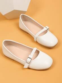 Girls Braided Detail Buckle Decor Flats - White - View 1