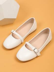 Girls Braided Detail Buckle Decor Flats - White - View 2