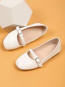 Girls Braided Detail Buckle Decor Flats - White - View 3