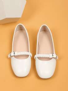 Girls Braided Detail Buckle Decor Flats - White - View 4
