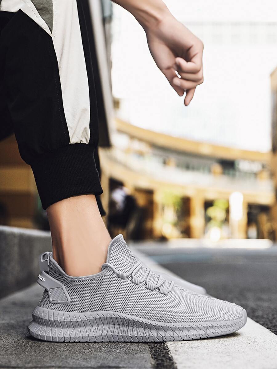 男士極簡風格繫帶裝飾針織跑鞋 - 灰色 - 查看 1