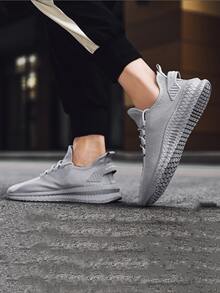 男士極簡風格繫帶裝飾針織跑鞋 - 灰色 - 查看 3