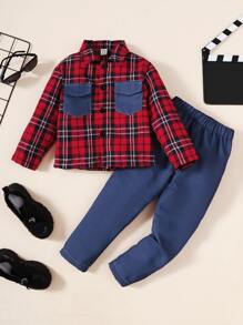 小男童格子呢圖案翻蓋口袋襯衫和褲子