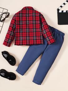 小男童格子呢圖案翻蓋口袋襯衫和褲子