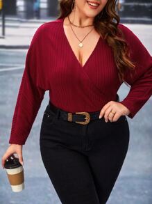 SHEIN Frenchy Plus Surplice Neck Batwing Sleeve Tee - Burgundy - View 3