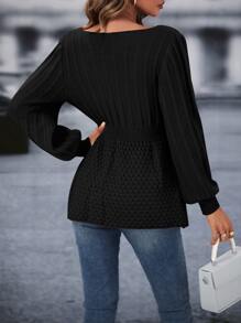 SHEIN LUNE Jersey unicolor tejido de cable de manga farol peplum - Negro - Ver 2