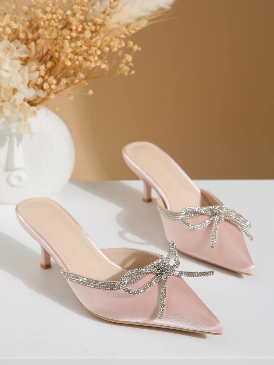 水鑽和蝴蝶結裝飾緞面帶跟穆勒鞋,燈粉色派對蝴蝶結,水鑽素色高跟鞋女士單鞋 - 淺粉色 - 查看 1
