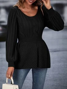 SHEIN LUNE Jersey unicolor tejido de cable de manga farol peplum - Negro - Ver 4