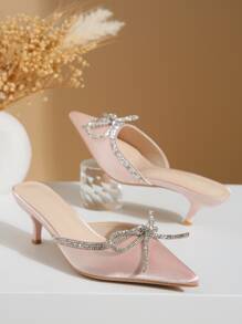 水鑽和蝴蝶結裝飾緞面帶跟穆勒鞋,燈粉色派對蝴蝶結,水鑽素色高跟鞋女士單鞋 - 淺粉色 - 查看 2