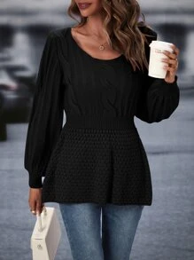 SHEIN LUNE Jersey unicolor tejido de cable de manga farol peplum - Negro - Ver 5