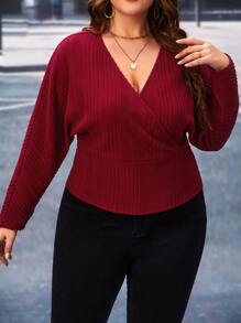 SHEIN Frenchy Plus Surplice Neck Batwing Sleeve Tee - Burgundy - View 1