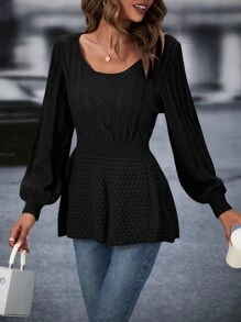 SHEIN LUNE Jersey unicolor tejido de cable de manga farol peplum - Negro - Ver 6