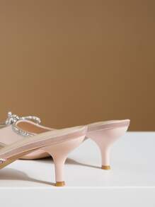 水鑽和蝴蝶結裝飾緞面帶跟穆勒鞋,燈粉色派對蝴蝶結,水鑽素色高跟鞋女士單鞋 - 淺粉色 - 查看 4