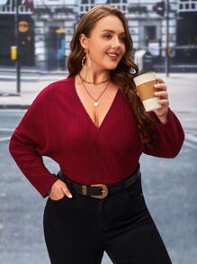 SHEIN Frenchy Plus Surplice Neck Batwing Sleeve Tee - Burgundy - View 5