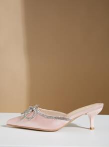 水鑽和蝴蝶結裝飾緞面帶跟穆勒鞋,燈粉色派對蝴蝶結,水鑽素色高跟鞋女士單鞋 - 淺粉色 - 查看 5