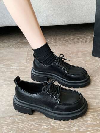 Women's Thick Sole Oxford Shoes, British Style Mary Jane Flats, Lace-Up, Black, Spring/Autumn