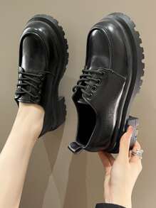 Sapatos Oxford de Sola Grossa Femininos, Estilo Britânico Boneca de Maria, Cadarço, Preto, Primavera/Outono