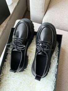 Sapatos Oxford de Sola Grossa Femininos, Estilo Britânico Boneca de Maria, Cadarço, Preto, Primavera/Outono