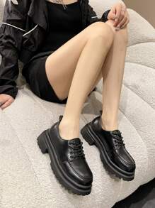 Sapatos Oxford de Sola Grossa Femininos, Estilo Britânico Boneca de Maria, Cadarço, Preto, Primavera/Outono
