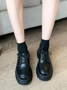 Sapatos Oxford de Sola Grossa Femininos, Estilo Britânico Boneca de Maria, Cadarço, Preto, Primavera/Outono