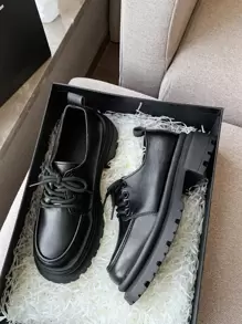 Sapatos Oxford de Sola Grossa Femininos, Estilo Britânico Boneca de Maria, Cadarço, Preto, Primavera/Outono