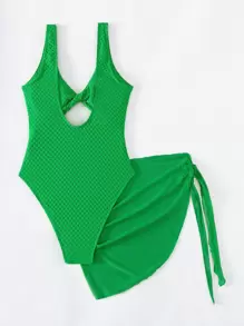 SHEIN Swim Phụ nữ một mảnh Cắt ra Thắt nút màu trơn - màu xanh lá - Xem 2
