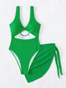 SHEIN Swim Phụ nữ một mảnh Cắt ra Thắt nút màu trơn - màu xanh lá - Xem 3