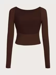 SHEIN BAE Áo thun nữ Lộ Lưng màu trơn Gợi cảm - Màu nâu Sô-cô-la - Xem 2