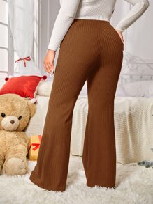 SHEIN EZwear 大碼高腰條紋針織喇叭褲 - 棕色 - 查看 2