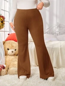 SHEIN EZwear 大碼高腰條紋針織喇叭褲 - 棕色 - 查看 5