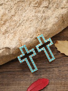Turquoise Cross Drop Earrings - Baby Blue - View 1