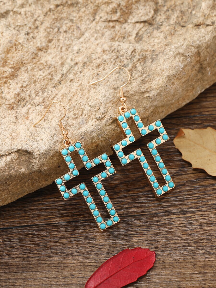 Turquoise Cross Drop Earrings - Baby Blue - View 1