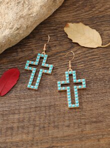 Turquoise Cross Drop Earrings - Baby Blue - View 4