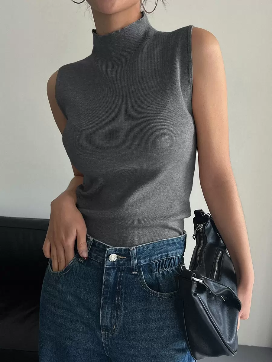 DAZY Solid Mock Neck Ribbed Knit Tank Top,Fall Clothes - Grey - View 1