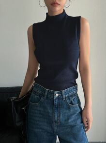 DAZY Chaleco de punto acanalado de cuello alto sólido, ropa de otoño